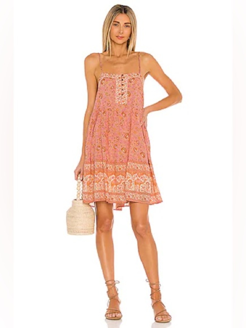 Spell Pink and Orange Floral Slip Dress with Button Front